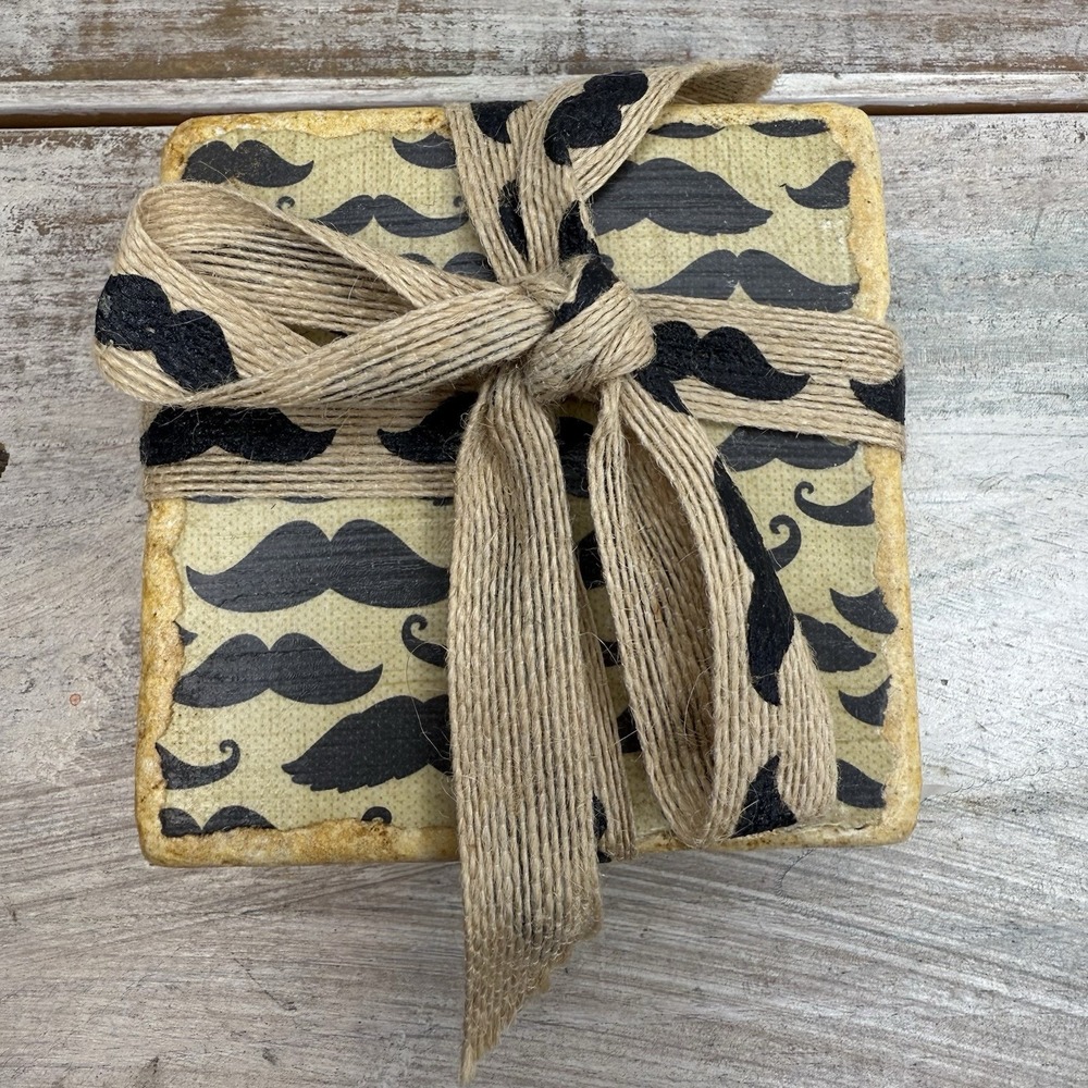 Set‎ Of 4 Mustache Print Stone Drink Coasters New Unique Gift Idea